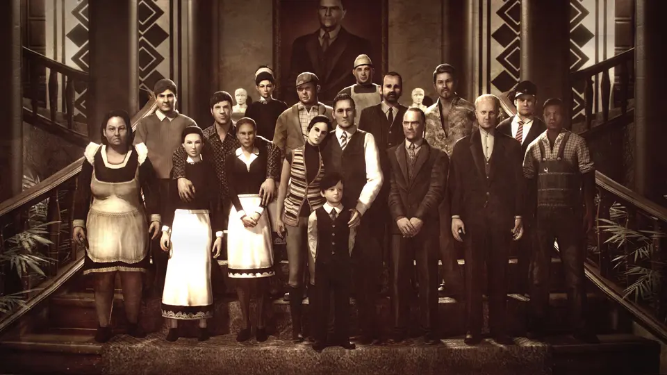 Sepia group portrait of the household staff and family on the grand staircase of Dante Manor