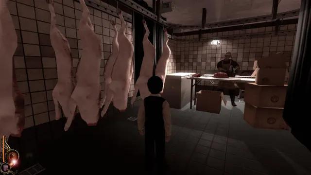 Lucius in the manor's cold room, with carcasses hanging beside the butcher