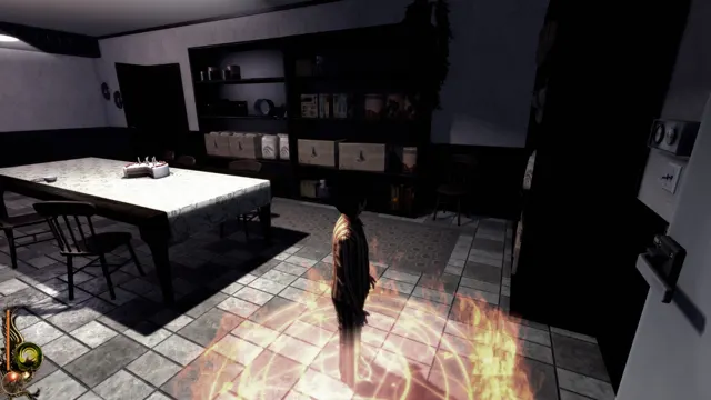 A glowing, burning pentagram on the kitchen floor beneath Lucius