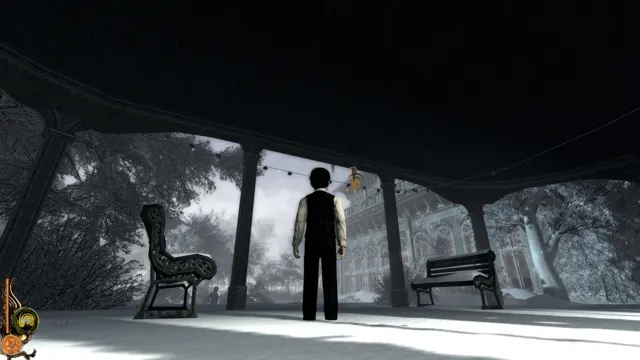 Lucius on the veranda in black and white, with benches and the manor garden behind him