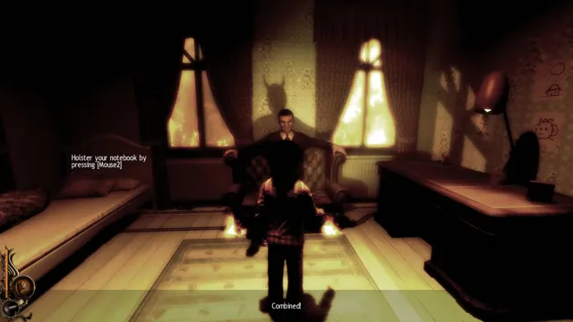 The Devil's shadow looms in a lamp-lit study as Lucius stands before him