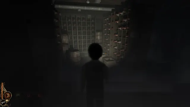 Lucius stands in a dim storeroom lined with shelves