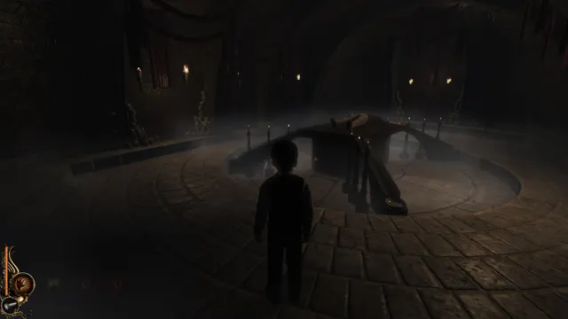 Lucius in a dark circular chamber with a ritual circle on the floor